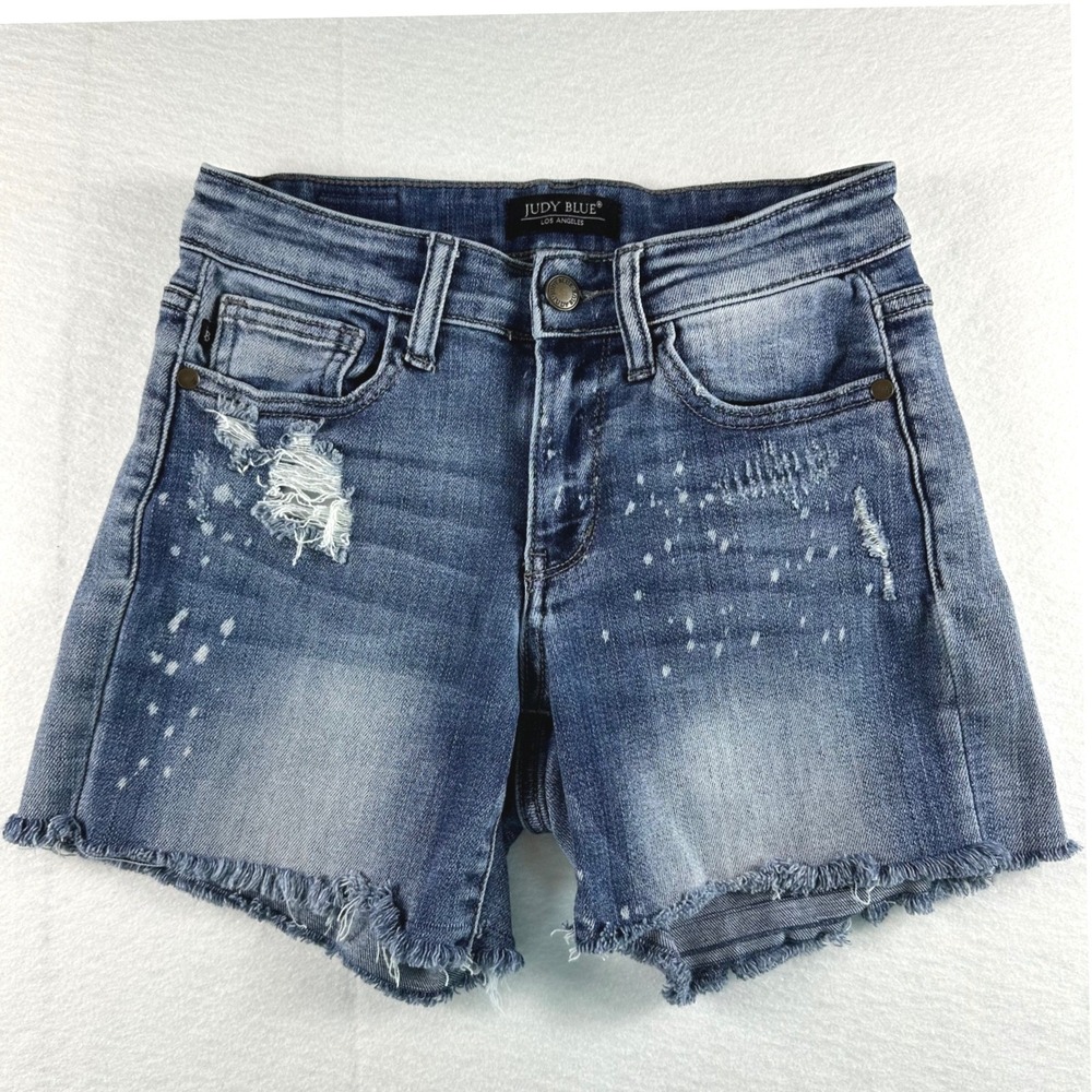 Judy Blue Distressed Paint Splatter Boyfriend Denim Shorts Blue 0/24 JB82169LT